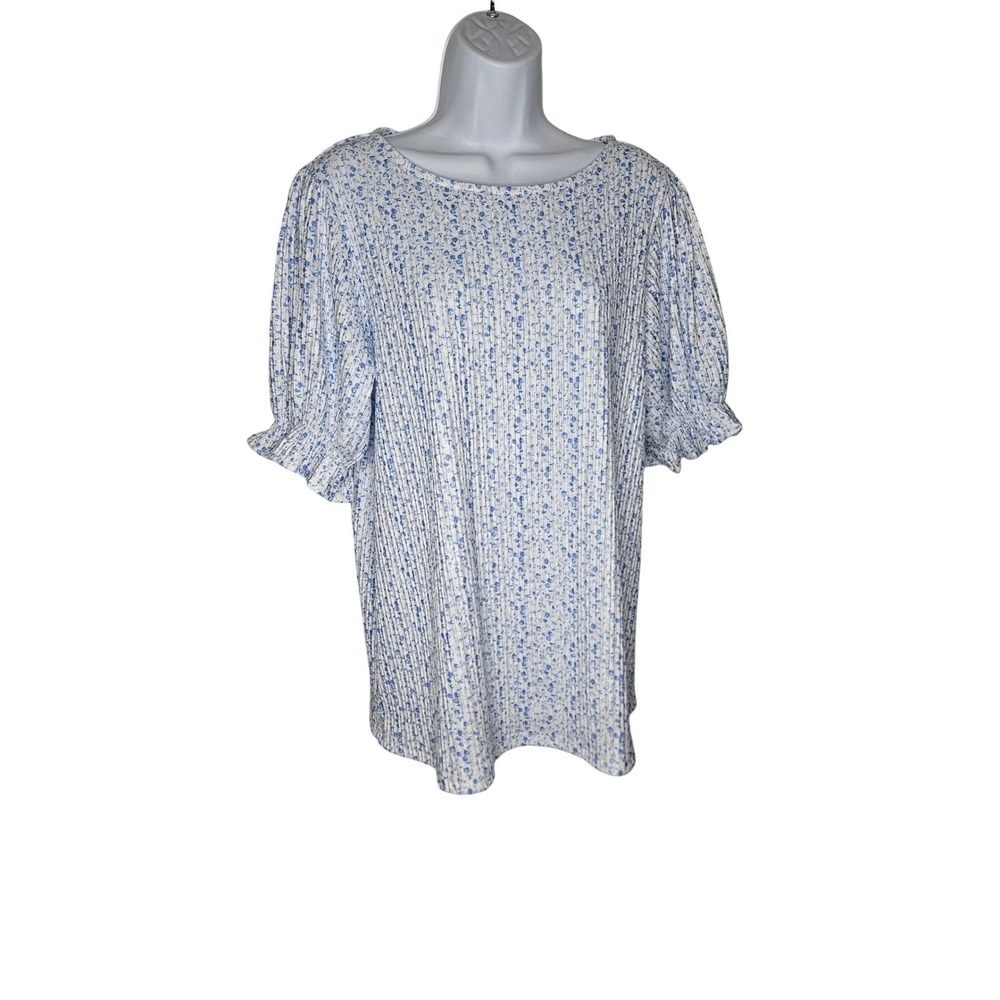 Zeagoo Floral Print Top Pleated Puff Sleeve Blouse Casual Blue White M